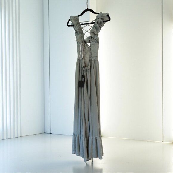 Lulus Soiree Celebration Light Blue Floral Ruffled Lace-Up Maxi Dress  Size M - Picture 6 of 9